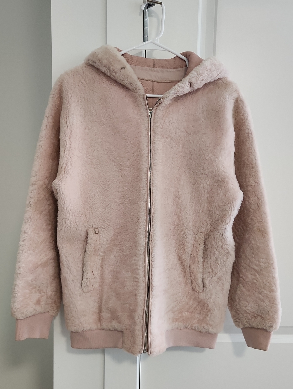 Genuine shearling and leather Pink Teddy Hooded Jacket